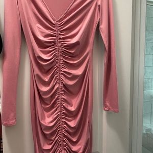 Pink scrunched long sleeve mid dress